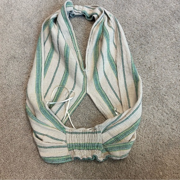 Zara green beige striped cotton halter top boho bohemian crop top NWOT - Picture 3 of 7